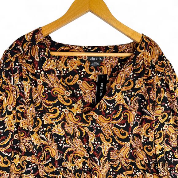 City Chic Women's Plus Size Aubree Print Shirt Size XL US 22 Black Gold Paisley - Picture 3 of 11